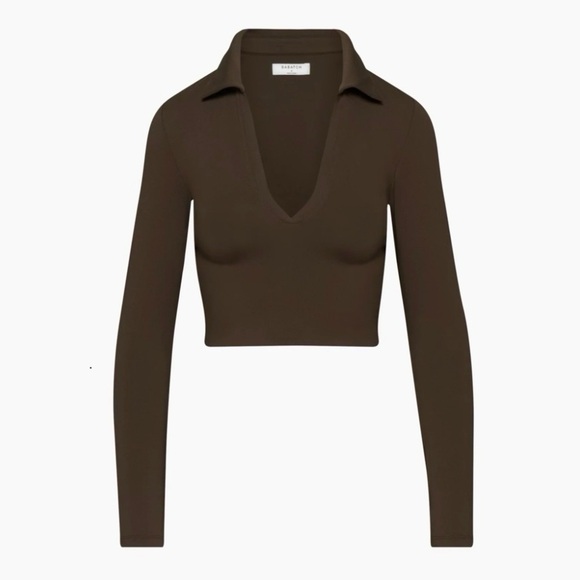 Babaton Aritzia Contour Polo Long Sleeve Crop Top in Rich Mocha Brown, Size L - Picture 6 of 6
